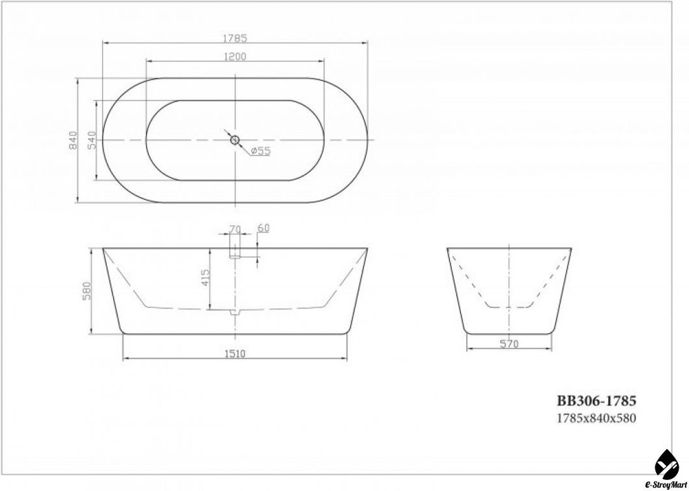 ВАННА АКРИЛОВАЯ ОТДЕЛЬНОСТОЯЩАЯ 1785*840 BELBAGNO BB306