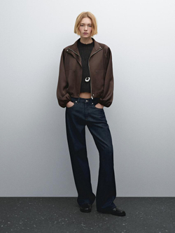 Massimo Dutti Куртка-бомбер из атласа со сборкой, бургундский