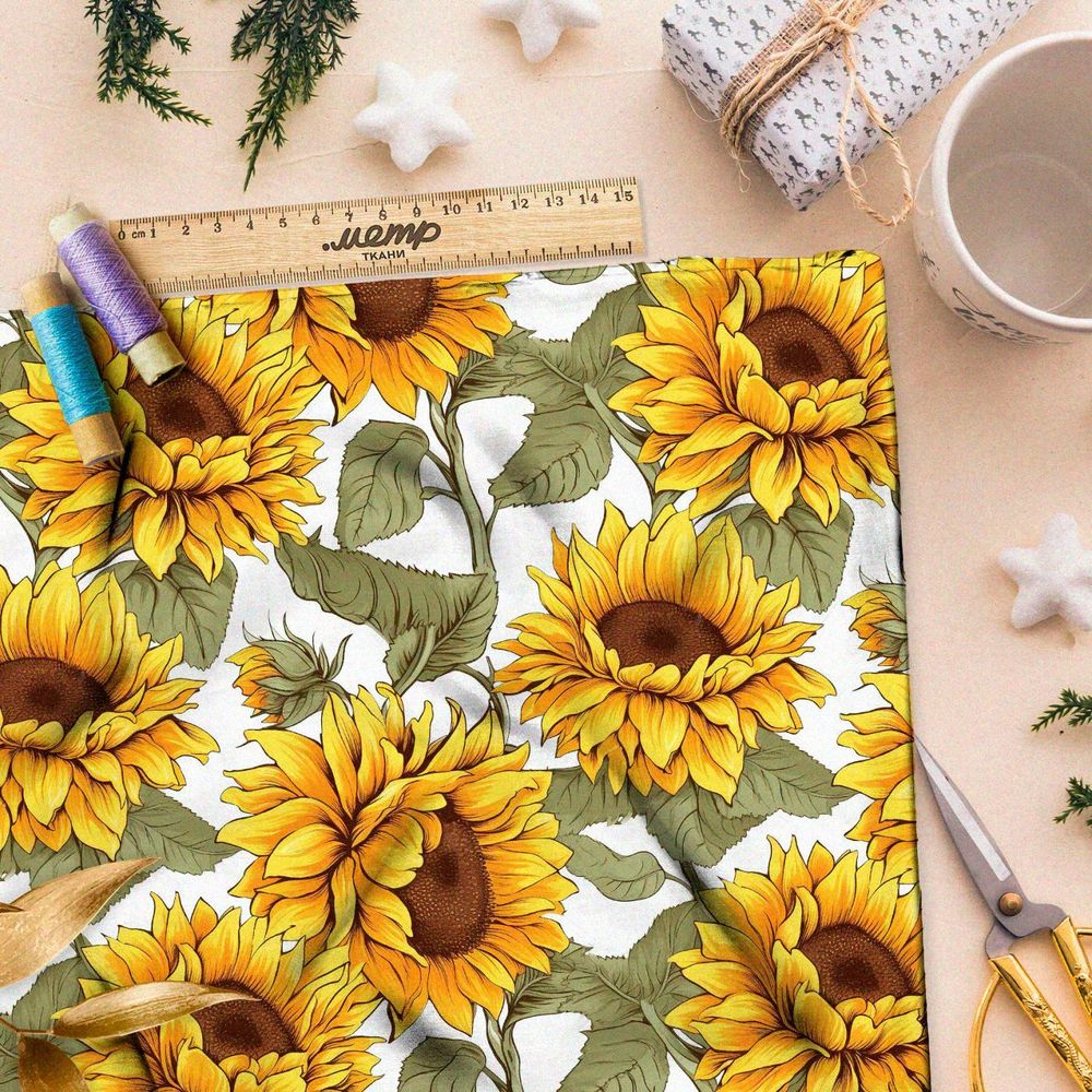 Ткань премиум шелк искусственный Армани крупные подсолнухи