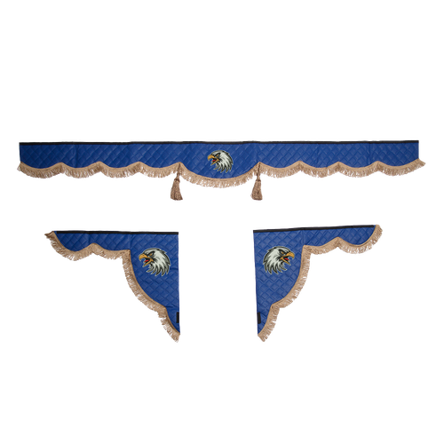 Ламбрекен с косынками универсальные стеганые Орел (экокожа, синий, коричневые кисточки)