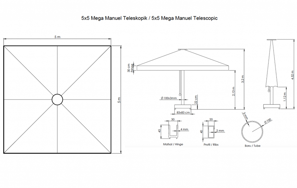 Зонт профессиональный 5х5 м Theumbrela Semsiye Evi Mega Telescopic Manual