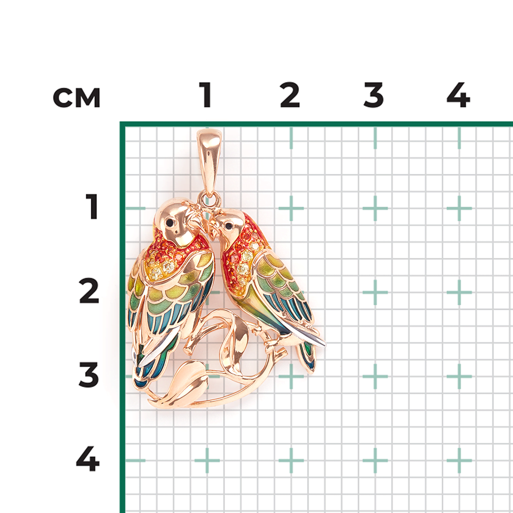 Подвеска «Попугаи Неразлучники» из красного золота с фианитами и эмалью