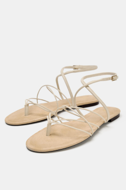 ZARA САНДАЛИИ ИЗ КОЖИ НА ПЛОСКОЙ ПОДОШВЕ, ЭКРЮ