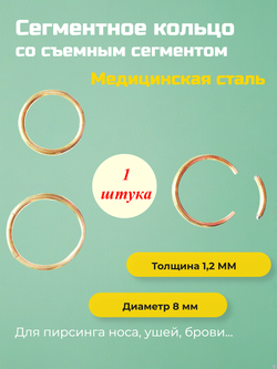 Сегментное кольцо 8 мм со съемным сегментом для пирсинга. Медицинская сталь