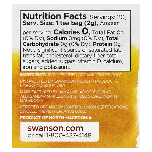 Swanson, 100% органический чай из корня имбиря, без кофеина, 20 чайных пакетиков, 40 г (1,4 унции)