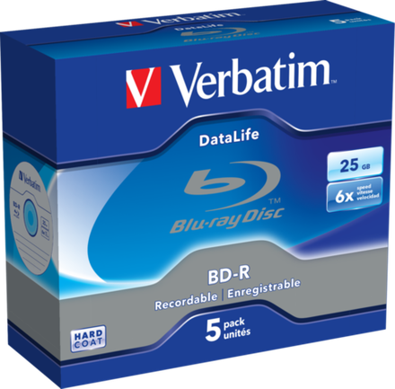 Оптический диск Verbatim BD-R SL 25GB 6X Datalife White Blue HardCoat, Slim Case, 5 шт