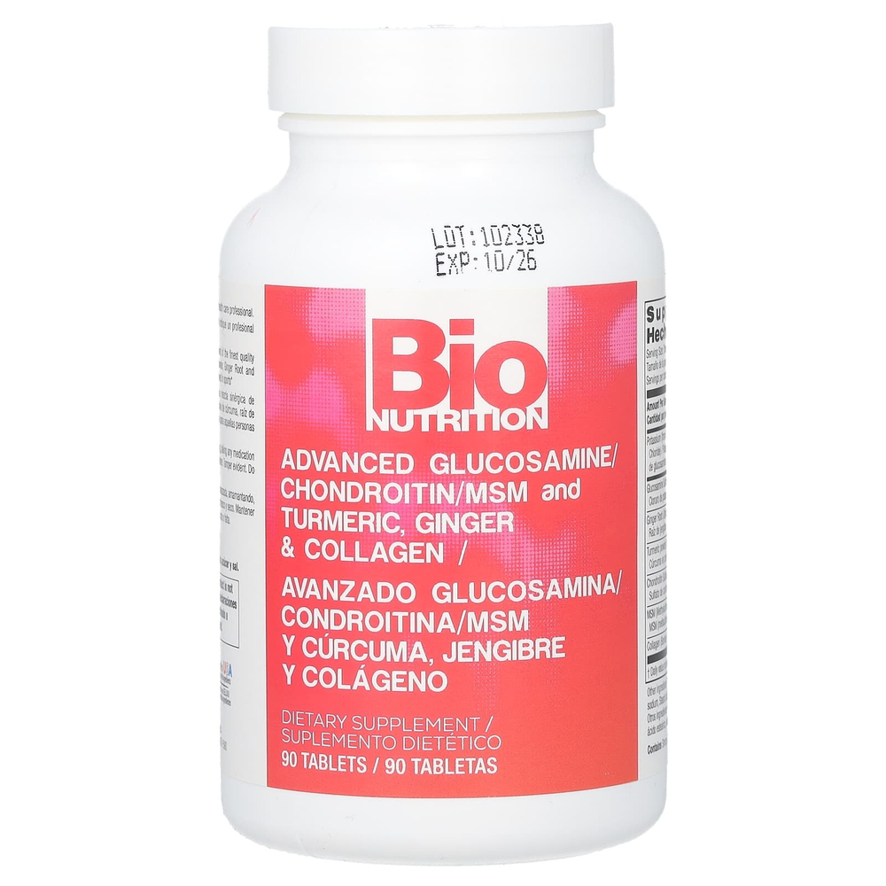 Bio Nutrition, улучшенный глюкозамин, хондроитин, МСМ и куркума, имбирь и коллаген, 90 таблеток