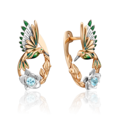 Серьги «Колибри» (пожелание любви) с английским замком из комбинированного золота c топазом и эмалью Артикул: 02-4687-00-201-1111-76