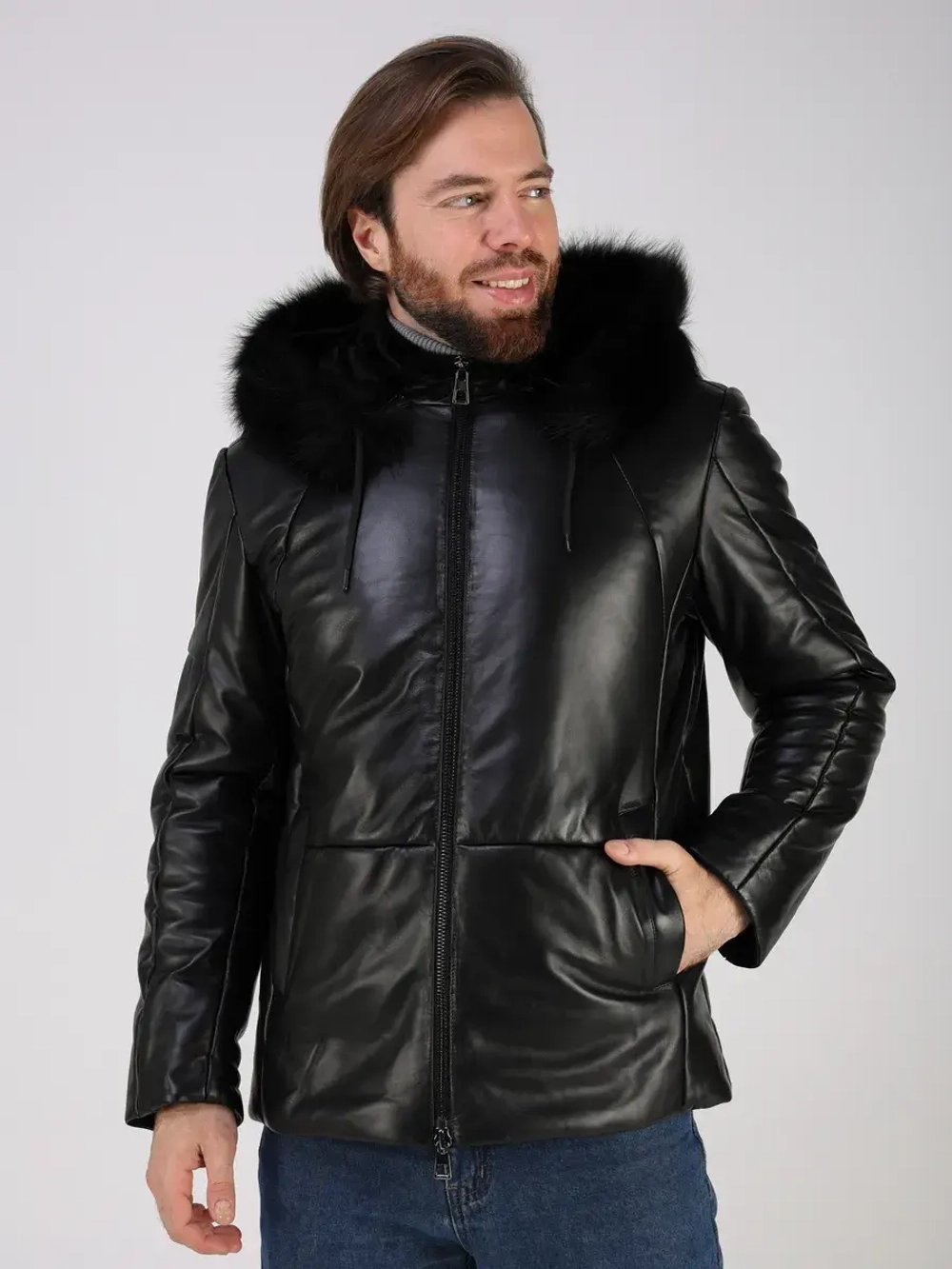 Куртка зимняя кожаная с капюшоном пуховик