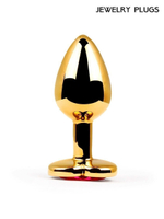 Золотистая анальная пробка с красным кристаллом - 9 см.