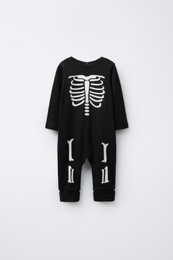 ZARA ПИЖАМА-СЛИП С ПРЕОБРАЗУЕМЫМИ СТОПАМИ, СКЕЛЕТ, СВЕТЯЩАЯСЯ В ТЕМНОТЕ, ЧЕРНЫЙ