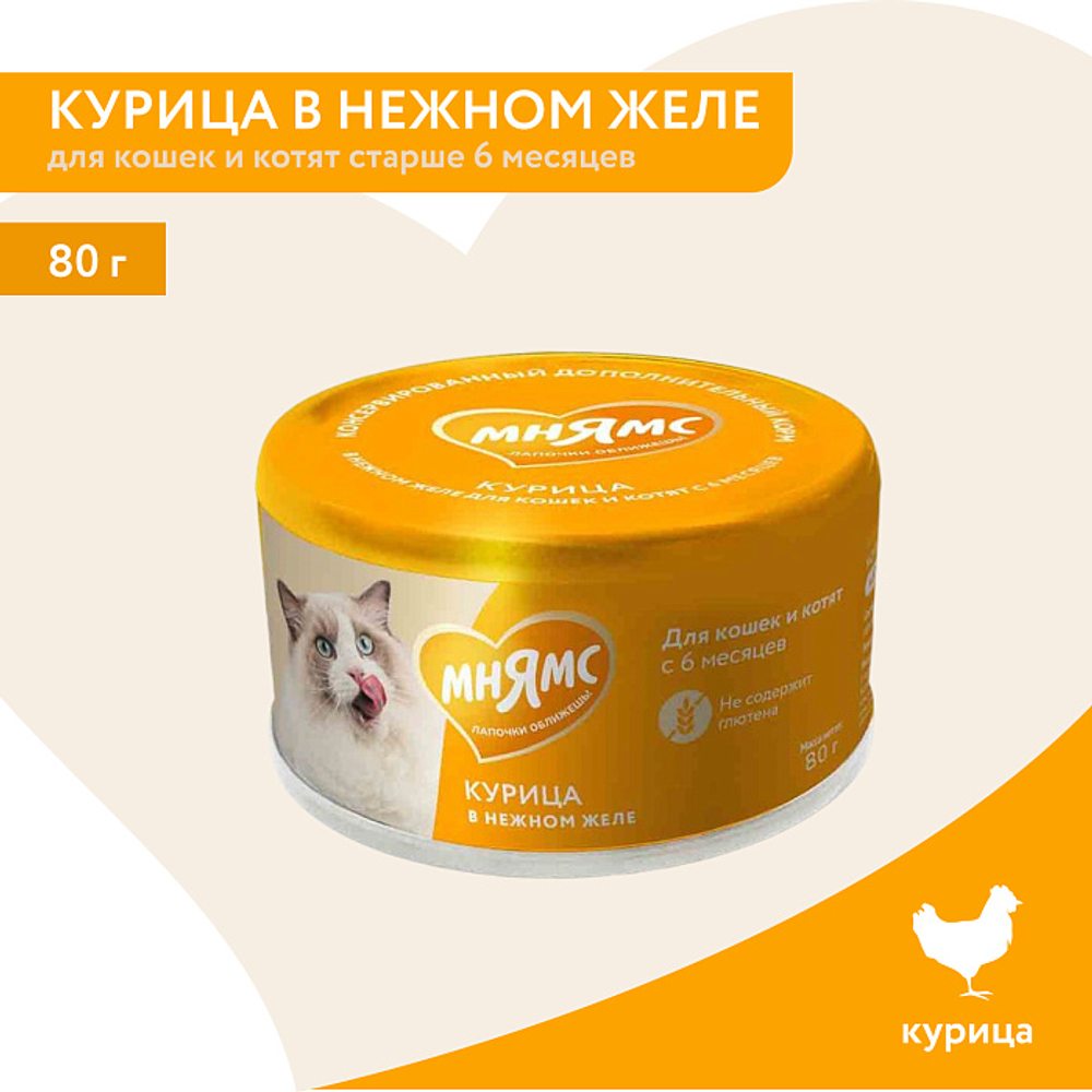 Влажный дополнительный корм для кошек и котят старше 6 месяцев Мнямс на каждый день курица в нежном желе 80 г 24 шт