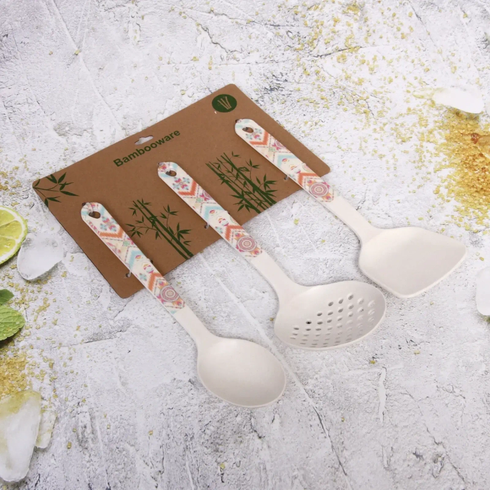 Набор кухонных принадлежностей 3шт бамбуковых «Eco Life» (Ложка, Шумовка, Лопатка), орнамент