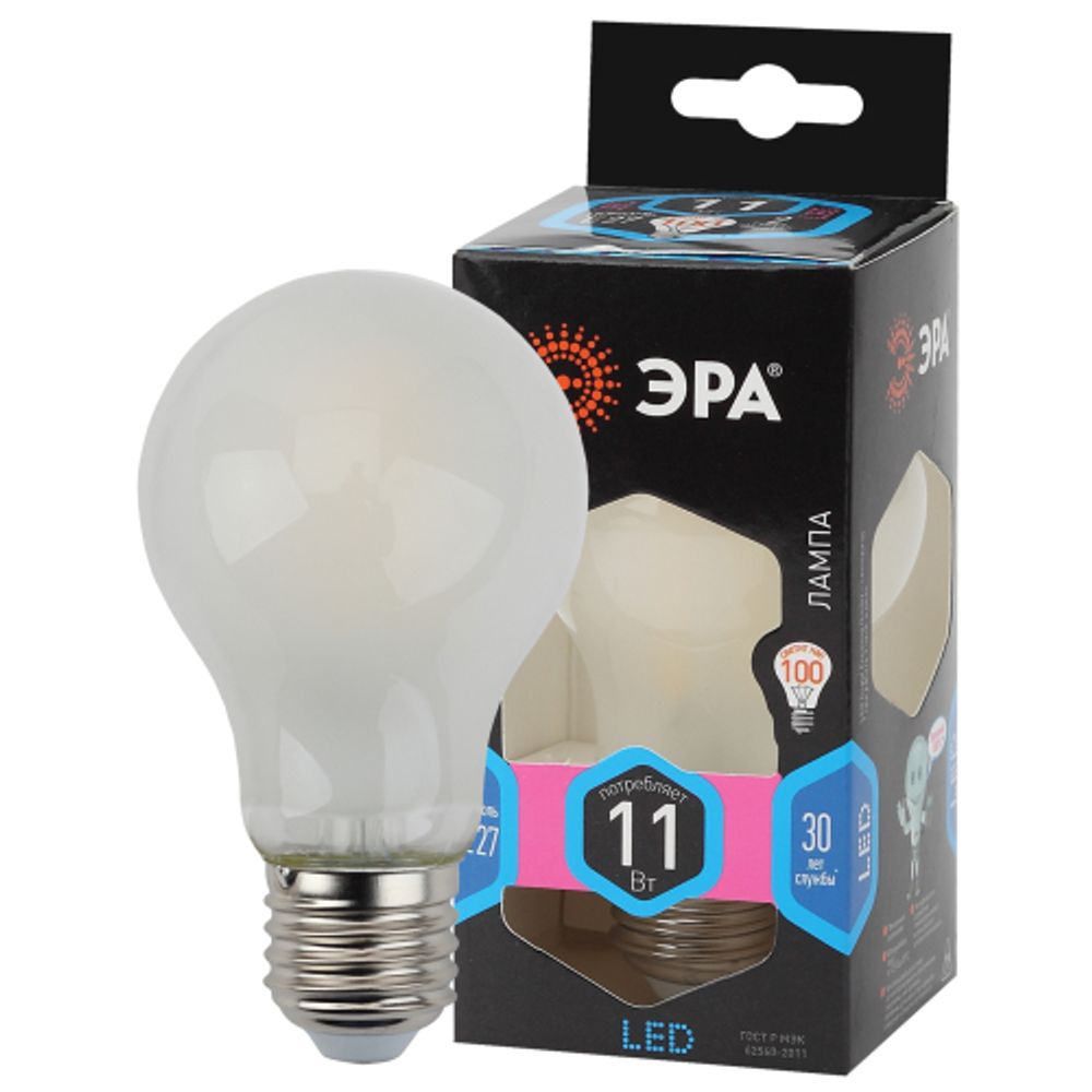 Лампа светодиодная ЭРА F-LED A60-11W-840-E27 frost 11Вт филамент груша матовая нейтральный белый свет E27 | Филаментные декоративные