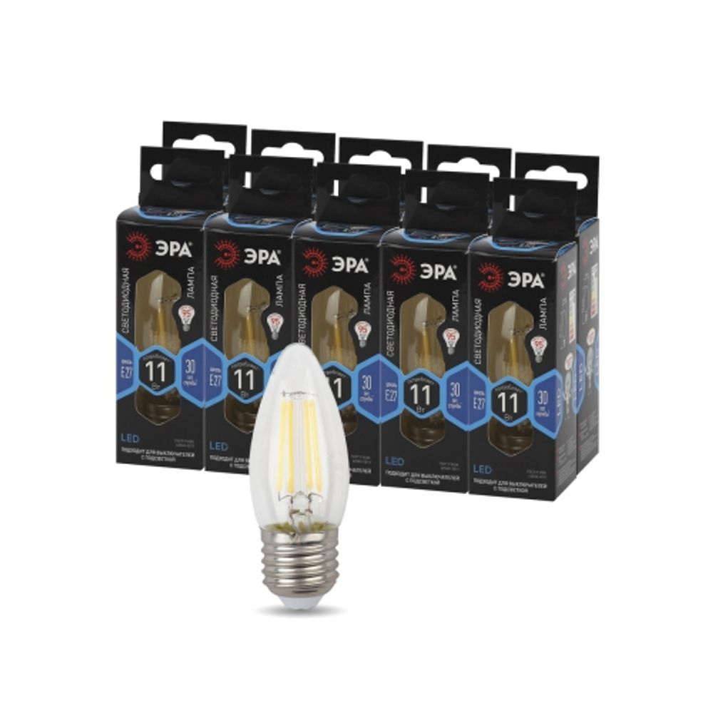 Лампа светодиодная ЭРА F-LED B35-11w-840-E27 11Вт филамент свеча нейтральный белый свет Е27 | Филаментные декоративные
