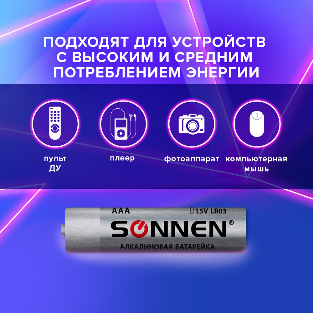 Батарейки комплект 2 шт. SONNEN Alkaline AAA (LR03 24А) алкалиновые мизинчиковые блистер (24 штуки в упаковке)