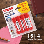 Клей-карандаш 15 г упаковка BRAUBERG 4 штуки на блистере (12 штук в упаковке)