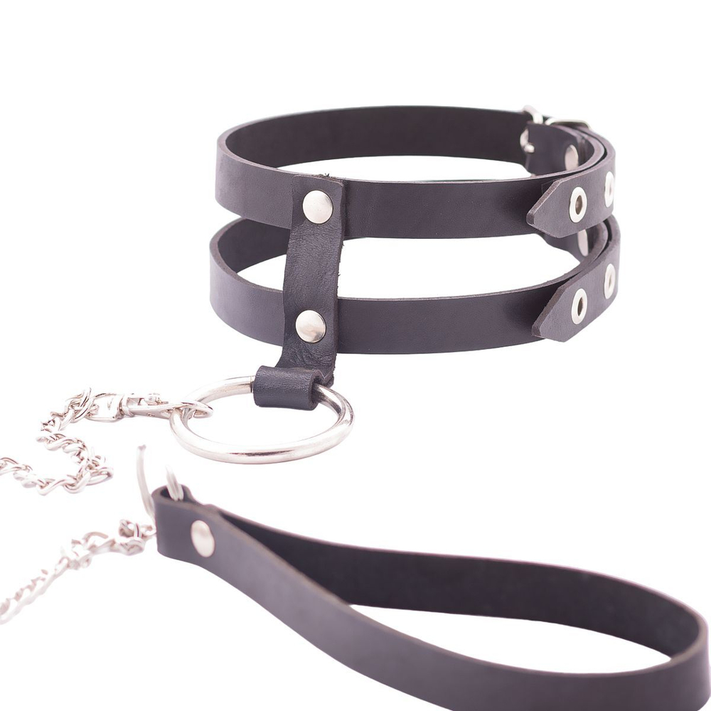 Черный однослойный ошейник из двух ремешков с поводком (Цвет: черный)