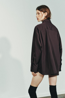 ZARA РУБАШКА ИЗ ПОПЛИНА С ВОРОТНИКОМ-ШАРФОМ, ТЕМНО-КОРИЧНЕВЫЙ