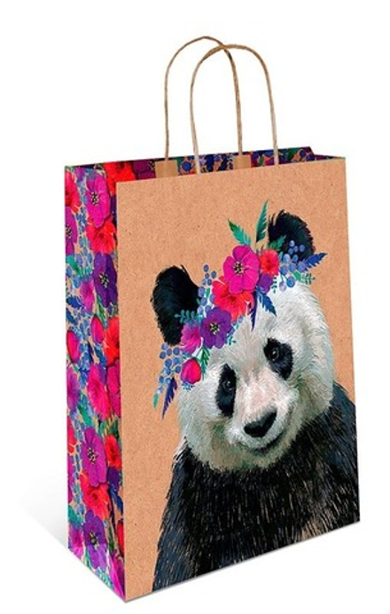 Пакет подарочный вертикальный S, Панда с цветами, Крафт, 18*22*10 см, 1 шт.