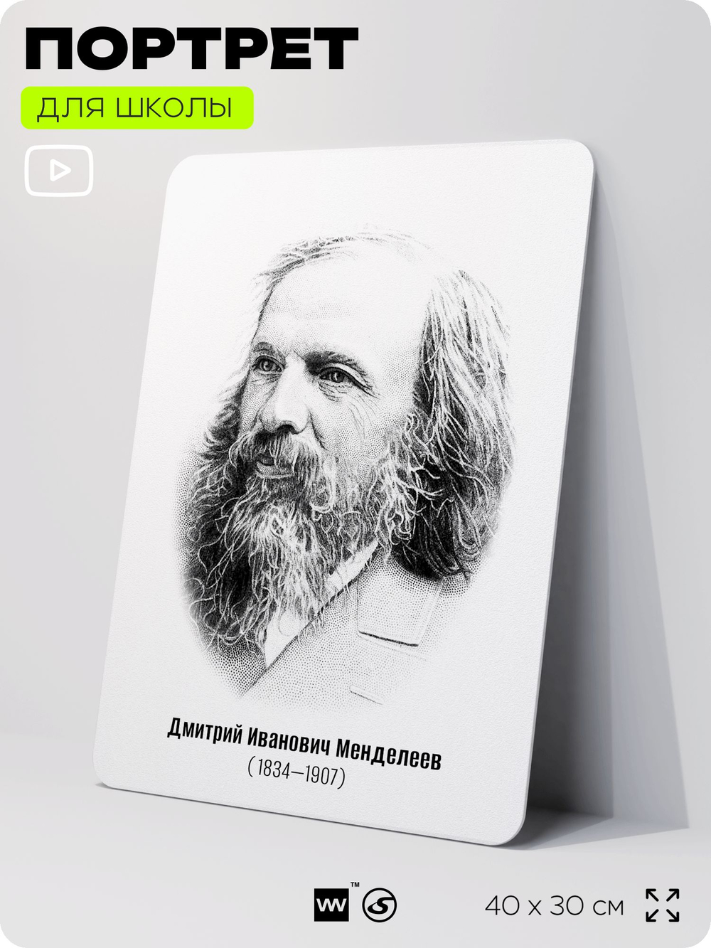 Портрет для школы в кабинет химии "Менделеев Дмитрий Иванович", стенд школьный для класса, деятели науки для оформления классного уголка, 40х30 см, Silver Plane x Айдентика Технолоджи