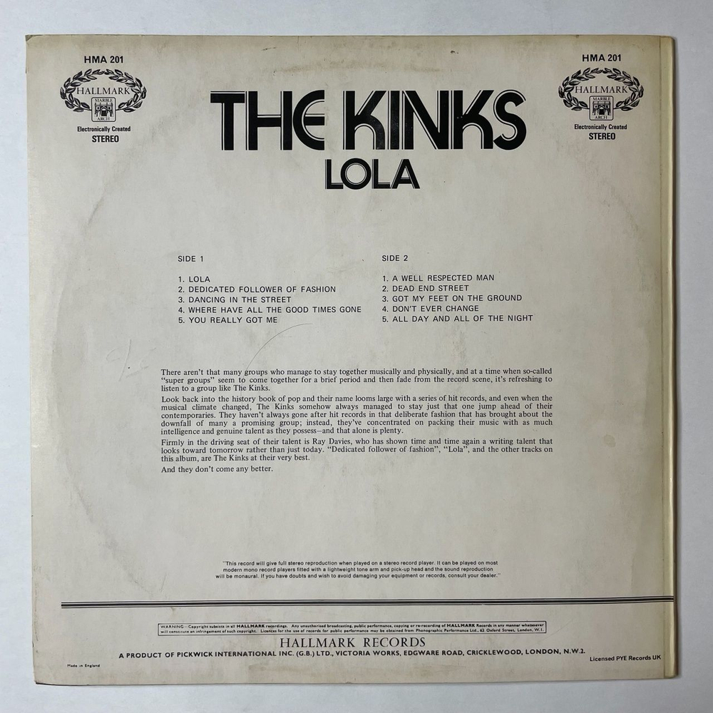 Винтажная виниловая пластинка LP The Kinks Lola (UK 1971)