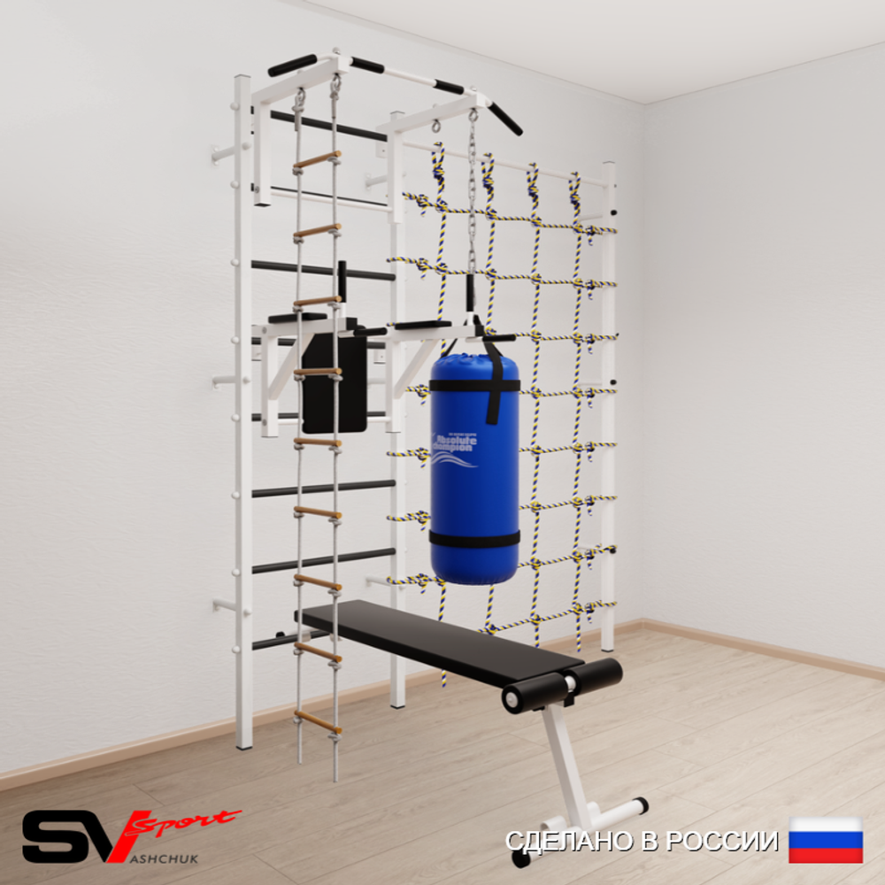Шведская стенка Sv Sport усиленная 68210 (Турник стандарт/Брусья/Скамья/Лестница/Цепь/Мешок 15кг/Канатный лаз)