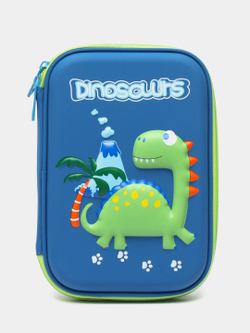 Пенал школьный с динозавром в школу для девочек мальчиков с 3д рисунком на молнии, синий