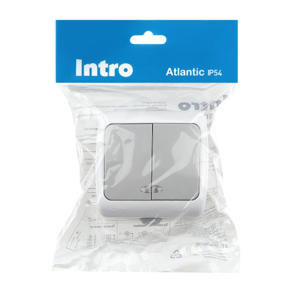 Выключатель Intro Atlantic 5-105-03 двойной с подсветкой, 10А-250В, IP54, открытой установки, серый