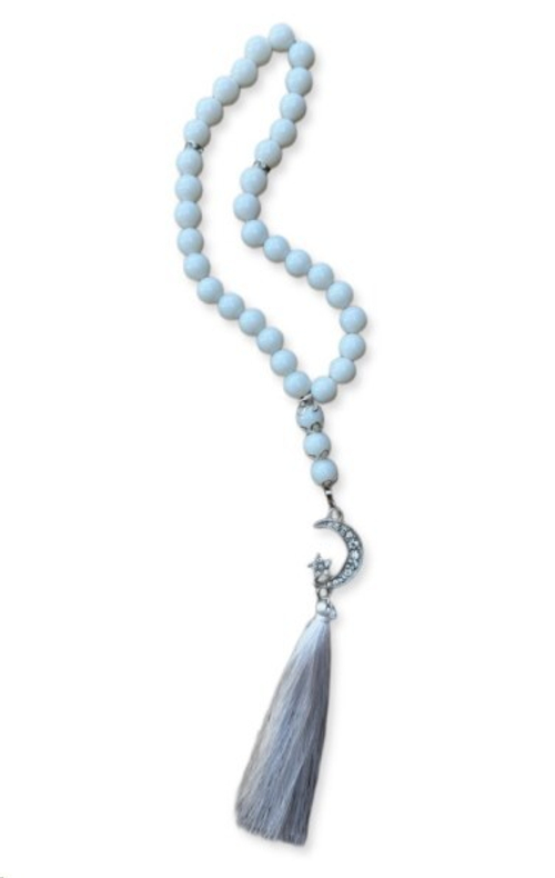 Амулет подвеска мусульманский каменные белые бусы, с полумесяцем (серебро) (P.R.C.)