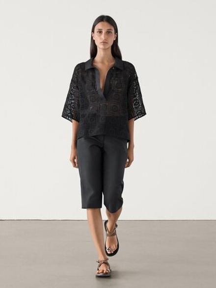 Massimo Dutti Рубашка из гипюра с воротником поло, черный
