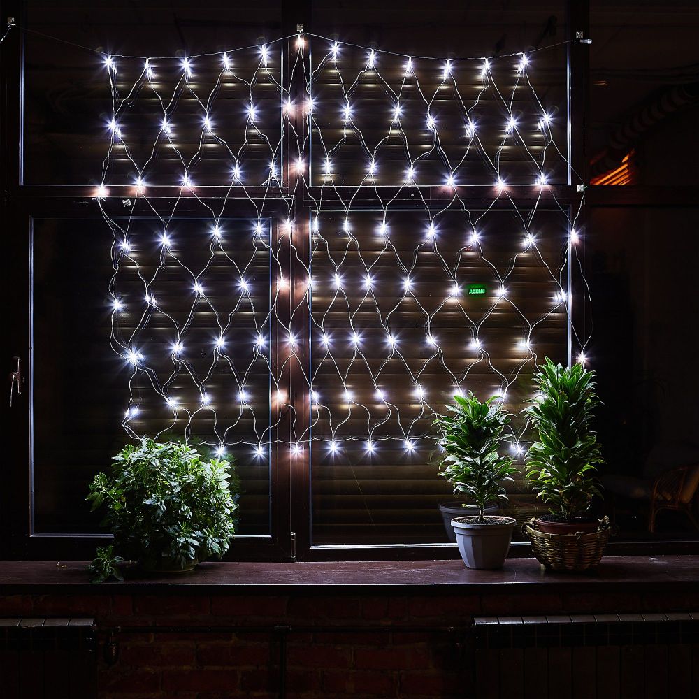 ULD-N1515-96-STK WHITE IP44 Сетка светодиодная со статическим свечением. 1.5х1.5м. Соединяемая. 96 светодиодов. Белый свет. Провод прозрачный. TM Uniel