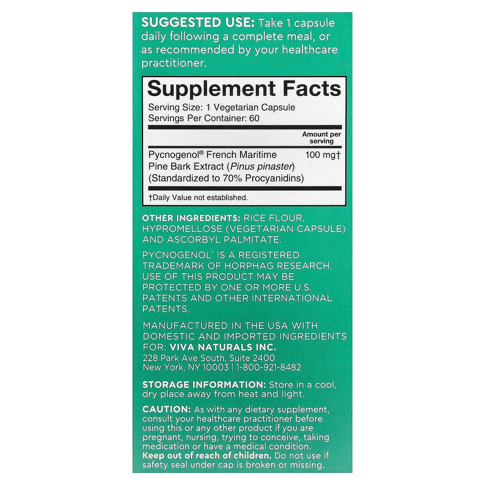 Viva Naturals, Pycnogenol®, френч приморский, 100 мг, 60 растительных капсул