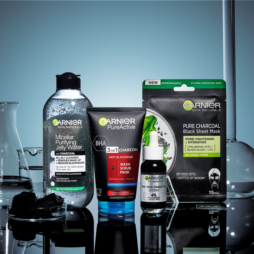 Garnier Pure Active - черная маска для лица против черных точек и прыщей с активированным углем 3в1 /   150  ml  / GTIN 3600542084437