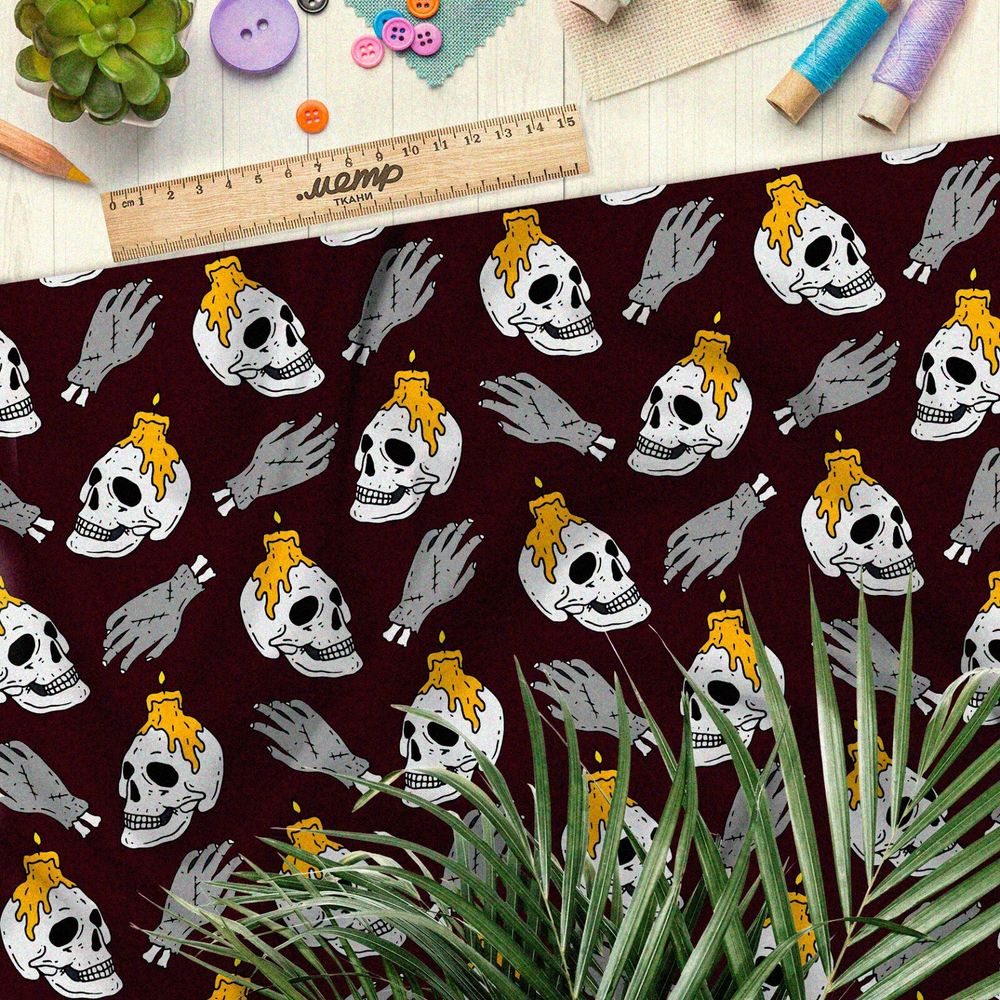 Ткань таффета черепа с горящими свечами и серые кисти