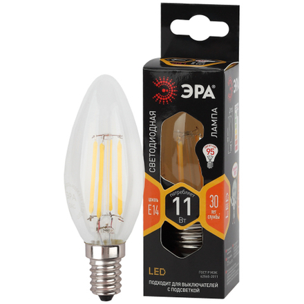 Лампа светодиодная ЭРА F-LED B35-11w-827-E14 11Вт филамент свеча теплый белый свет Е14