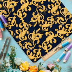 Ткань дюспо золотые завитки листьев на чёрном фоне