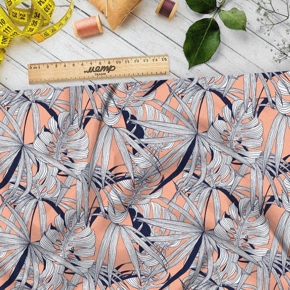 Ткань оксфорд 210 листья монстеры белые