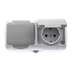 Розетка Intro Atlantic 5-204-03 двойная с заземлением 2х2P+E Schuko шторки 16А-250В IP54 ОУ серый | Intro