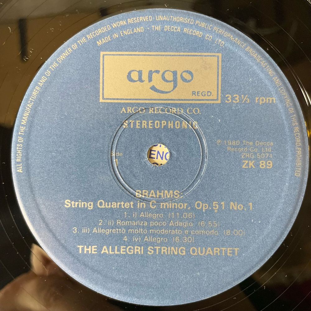Винтажная виниловая пластинка LP Brahms Брамс, The Allegri String Quartet Струнный Квартет, String Quartets Op. 51 Nos. 1 and 2 (Англия 1980)