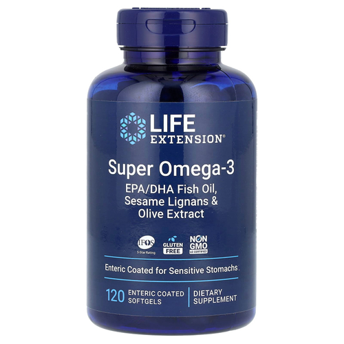 Life Extension, Super Omega-3, рыбий жир с ЭПК и ДГК, 120 капсул, покрытых кишечнорастворимой оболочкой