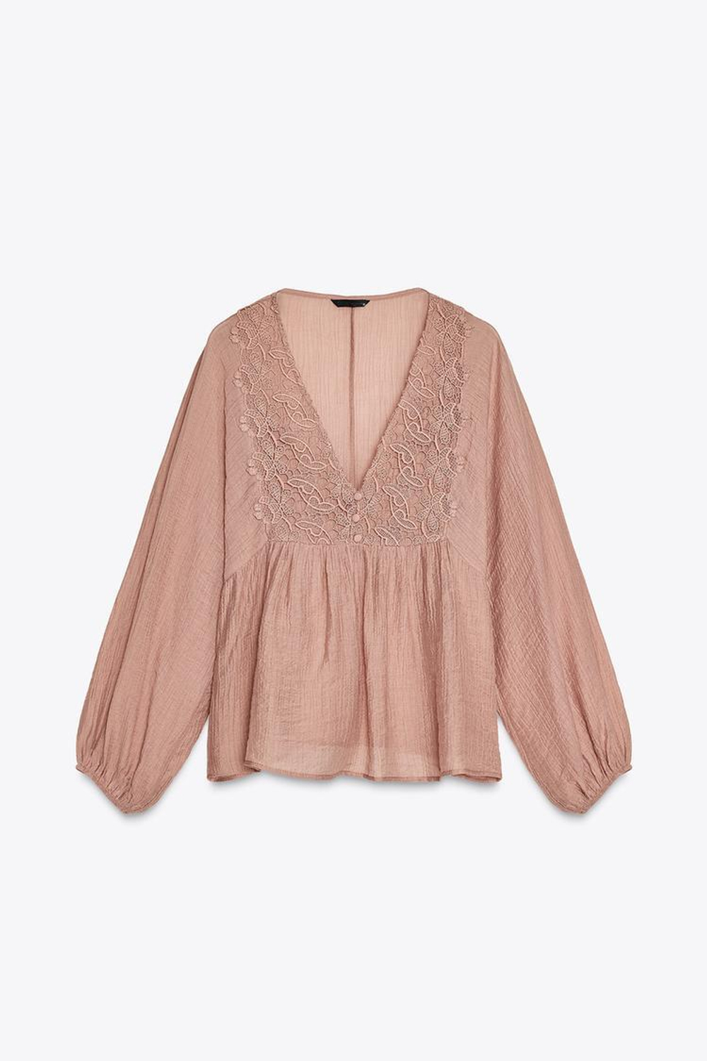 ZARA БЛУЗА ИЗ РЕЛЬЕФНОЙ ТКАНИ С КРУЖЕВОМ КРОШЕ, ЦВЕТ РОЗОВОГО ДЕРЕВА