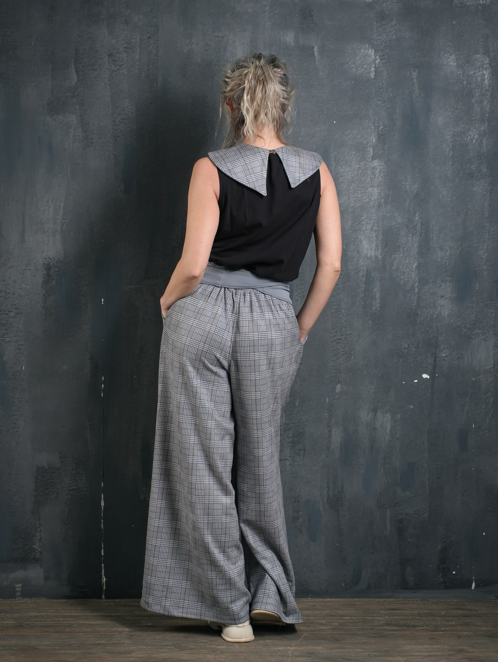 Палаццо  + кушак/ клетка серо-голубой