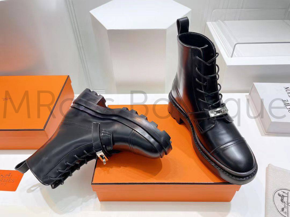 Высокие черные ботинки Hermes на шнуровке (Гермес) премиум класса
