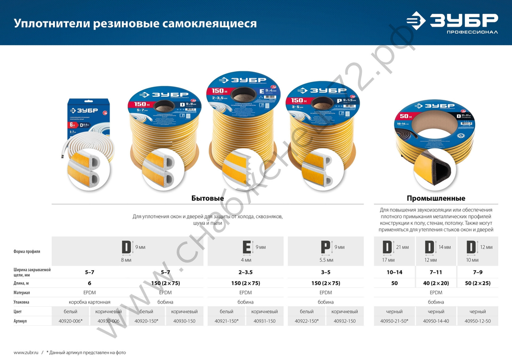 ЗУБР E-профиль, размер 9 х 4мм, белый, 150м, самоклеящийся резиновый уплотнитель (40921-150)