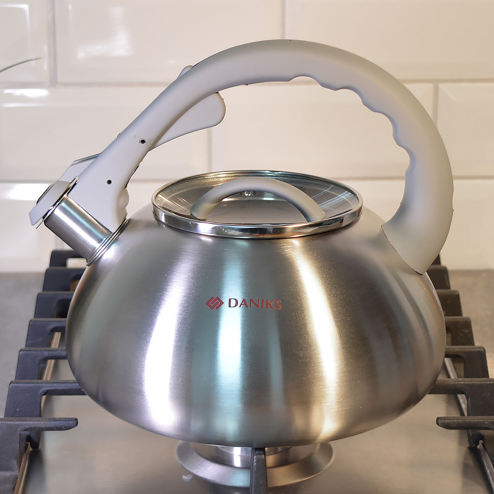 Чайник 3л нерж со свистком, матовый, логотип меняет цвет, ручка с силиконовым покрытием, "Daniks" DS