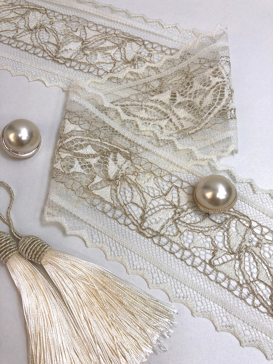 кружево крем,  7,5см,стрейч, люрекс золото ING