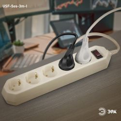 Сетевой фильтр ЭРА USF-5es-3m-I с базовой защитой с заземлением с выключателем 5 розеток 3м 10А слоновая кость