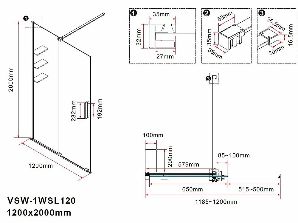 Душевая перегородка Vincea Walk-In VSW-1WSL120GSB 120 профиль черный матовый/стекло янтарь