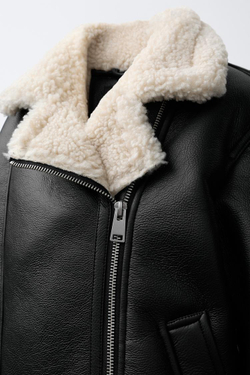 ZARA КУРТКА-ДУБЛЕНКА В БАЙКЕРСКОМ СТИЛЕ, ЧЕРНЫЙ/ЭКРЮ